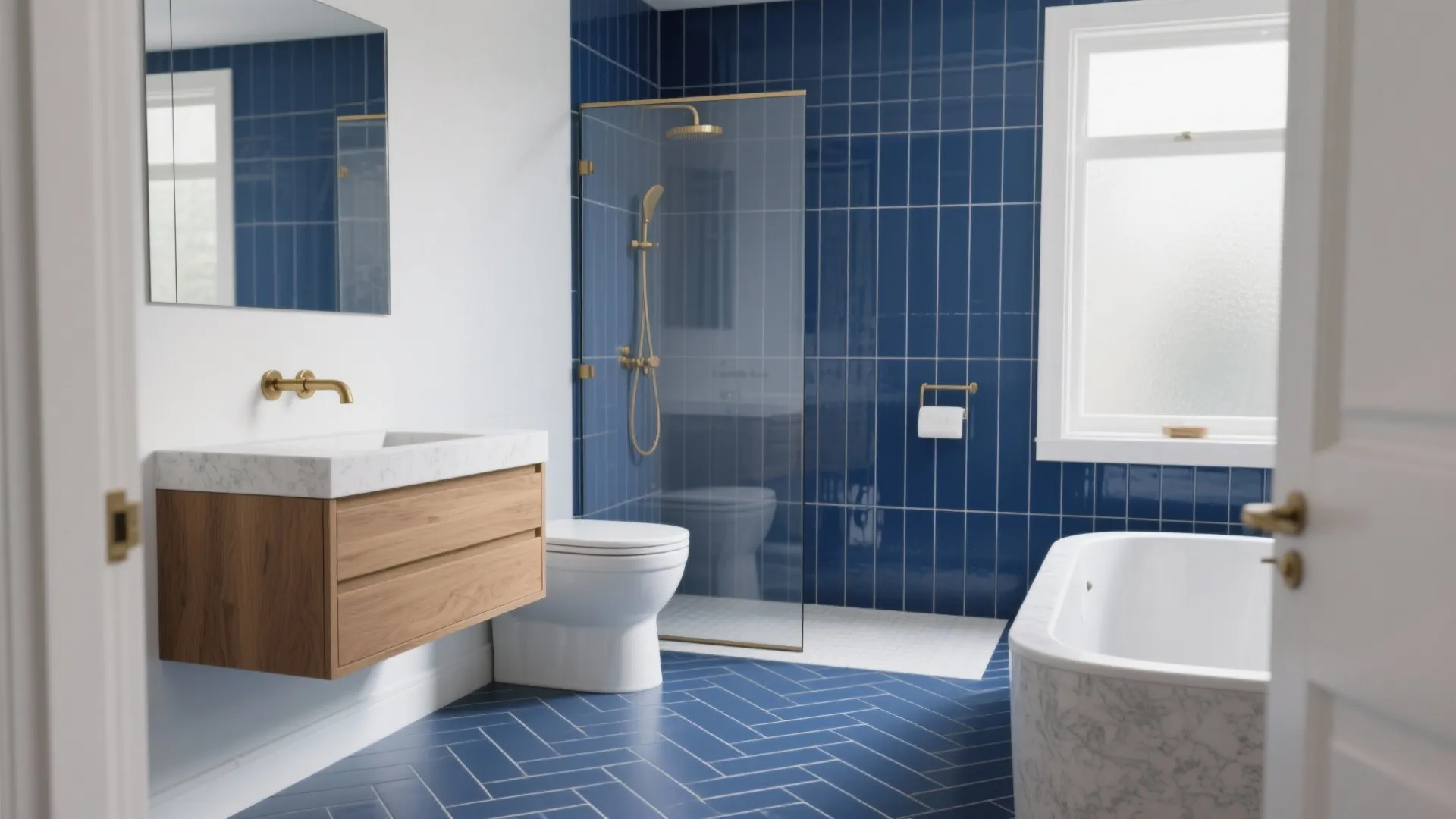 Modern bathroom featuring blue wall tiles wooden cabinet white bathtub gold faucets and glass shower door
