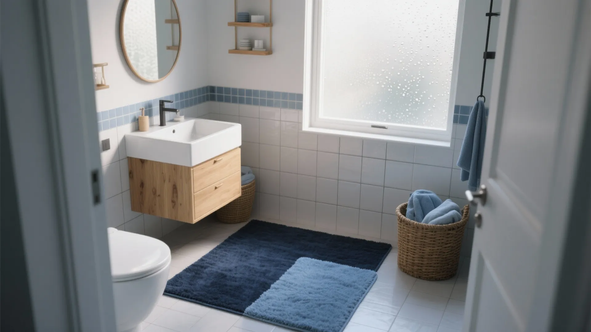 Modern bathroom with white tiled walls wood cabinet white sink blue rugs and wicker baskets