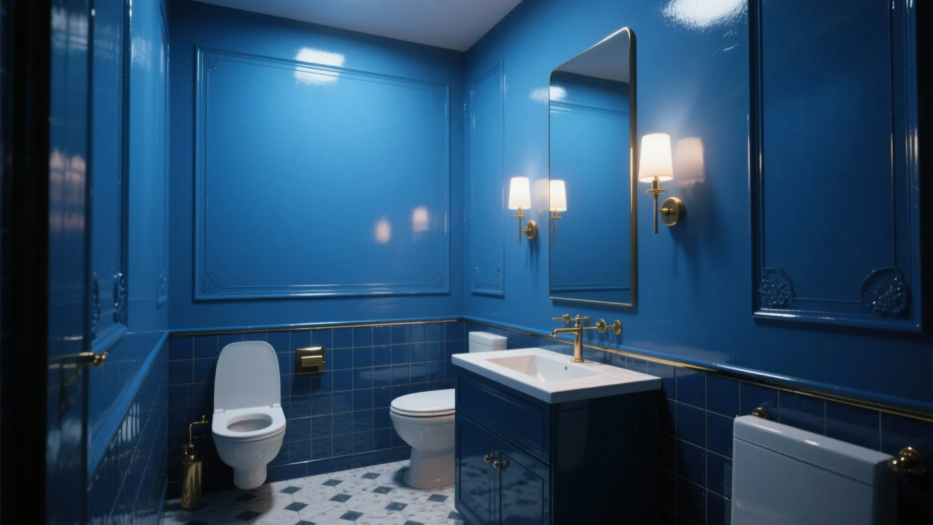 Luxury blue bathroom featuring a navy cabinet white sink gold faucet wall light and mirror