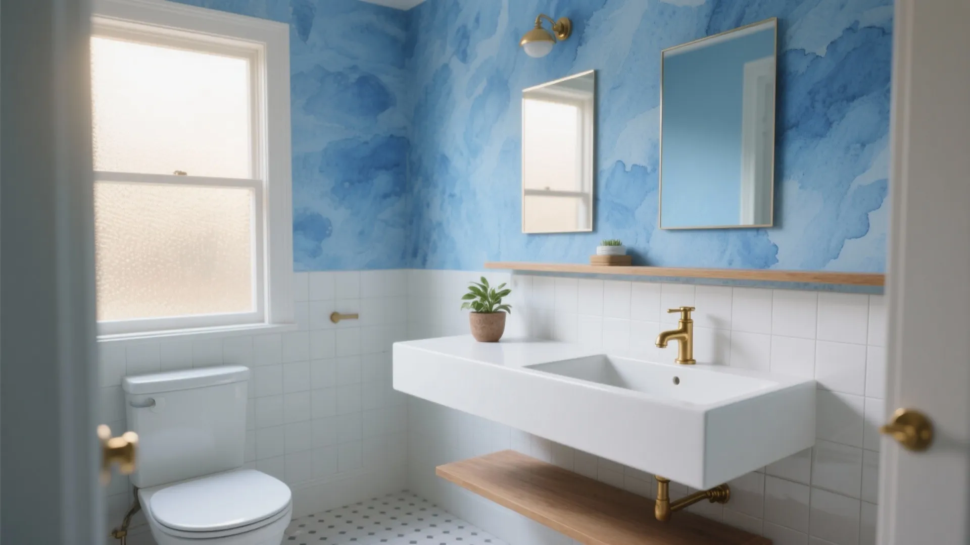 Modern bathroom with blue watercolor wallpaper white wall tiles floating sink gold faucet and window