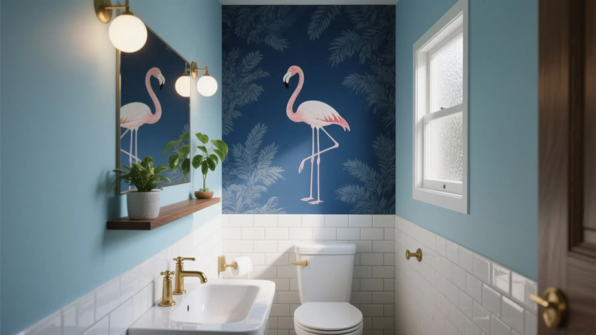 Small bathroom with blue walls pink flamingo wallpaper white toilet and gold faucet with mirror