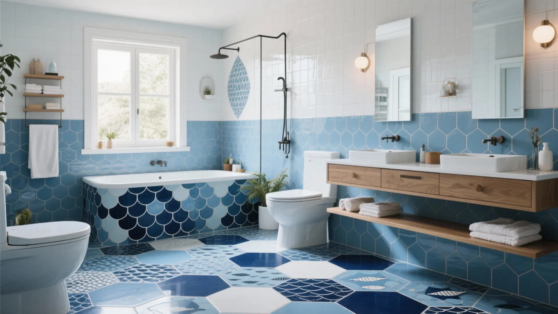 Modern bathroom with blue scale wall tiles wooden cabinet double sinks white toilet and bathtub