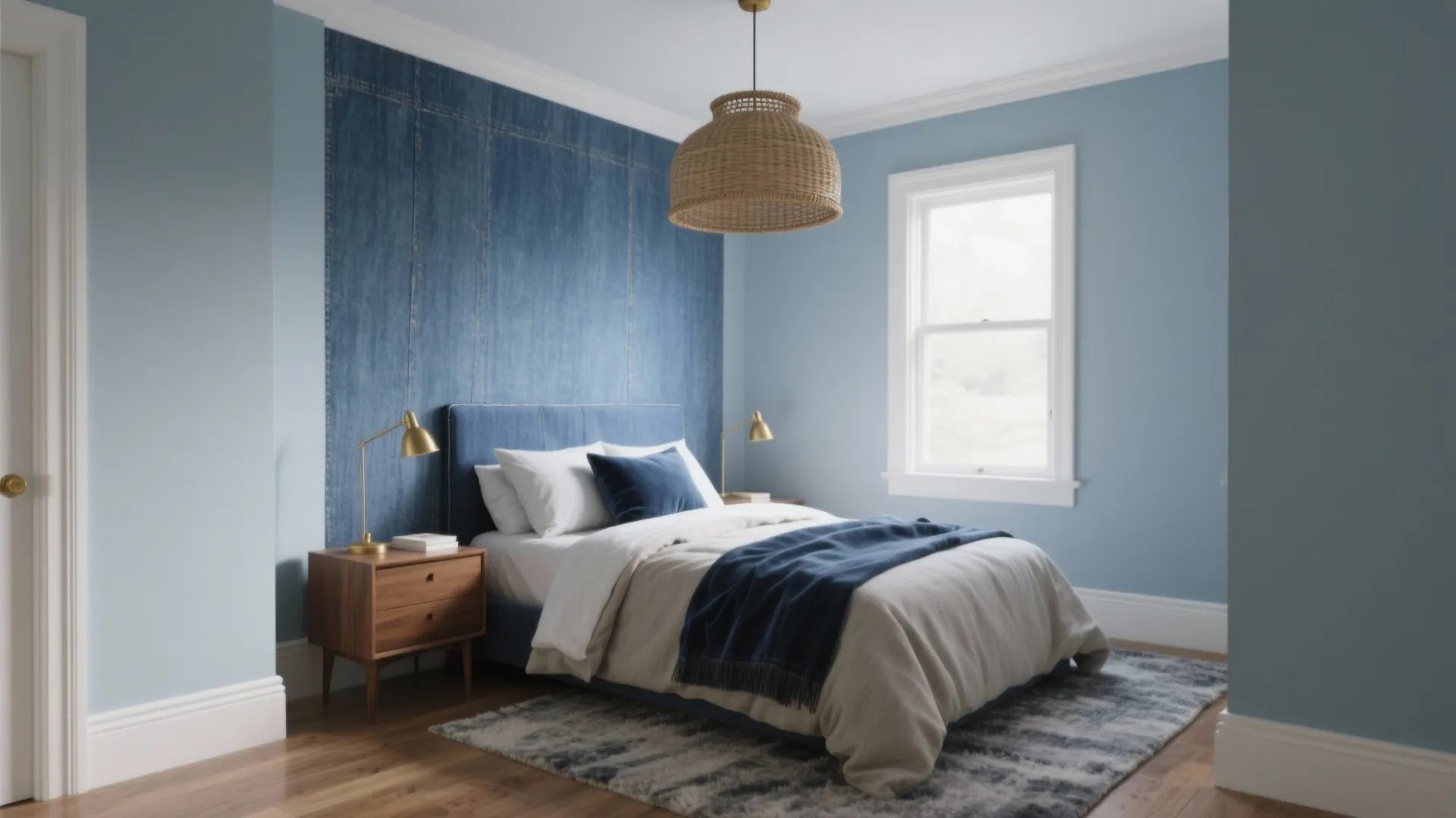 Blue bedroom featuring denim wall panel, wooden nightstand, gold lamp, and a wicker ceiling light