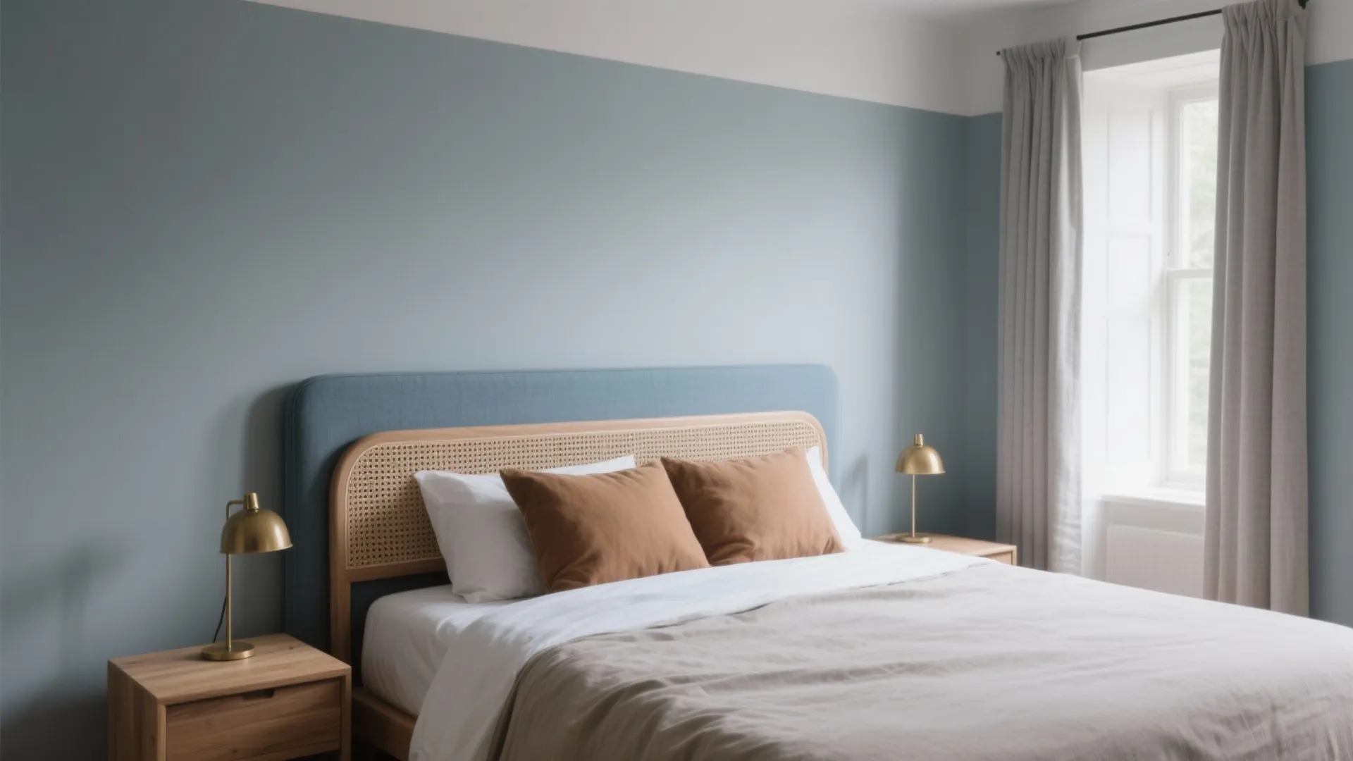 3) Dusty Blue + Soft Grey + Natural Oak (Bedroom Rest)