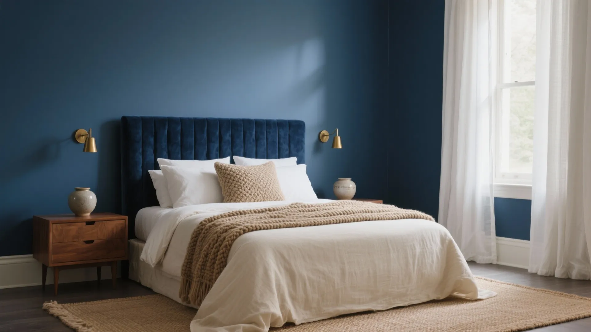Modern bedroom with blue walls a velvet headboard white bedding wooden nightstand and natural light