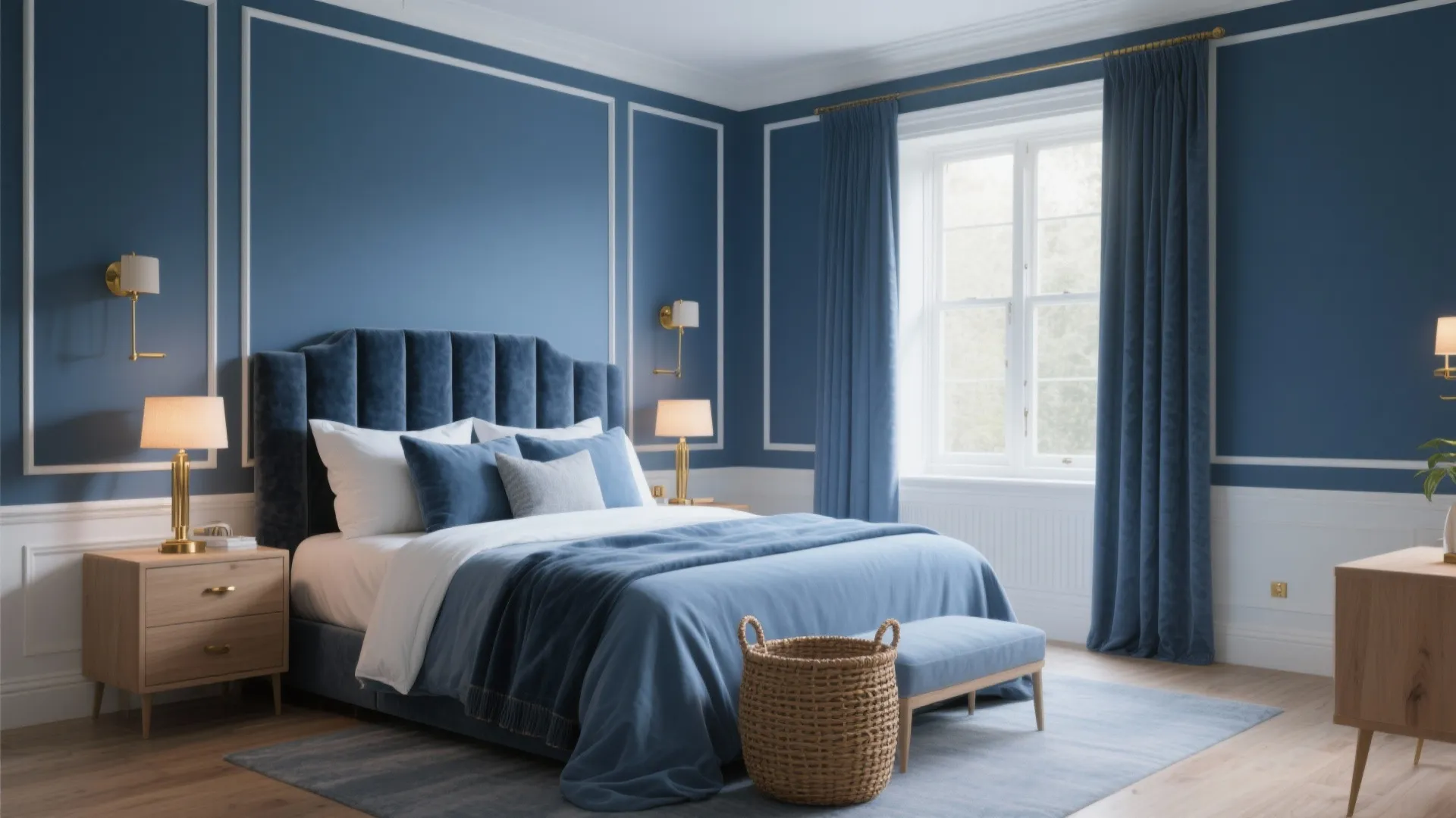 Elegant blue bedroom with velvet bed, gold lamps, wood bedside table, and large bright window
