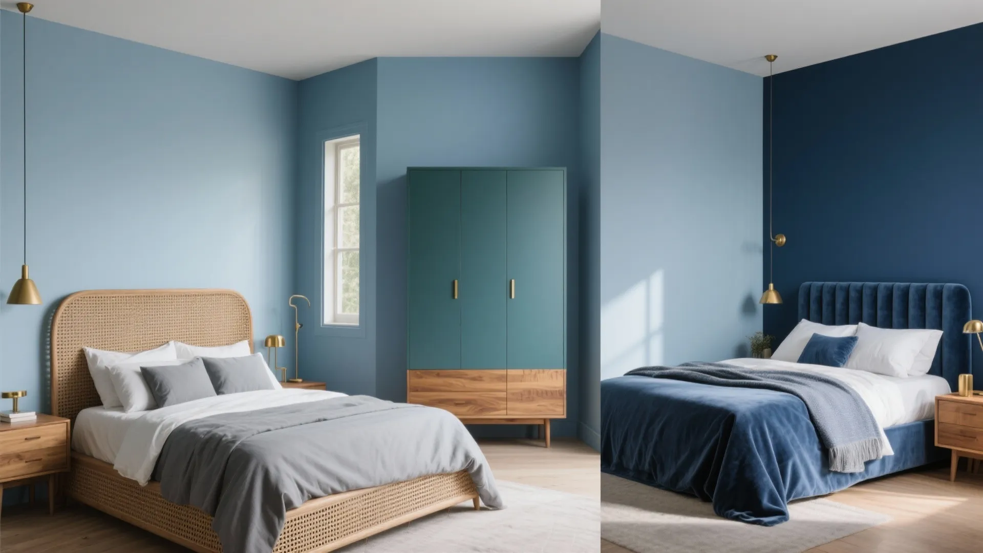 Two modern bedrooms showing light blue and dark blue wall colors with wooden bedside furniture
