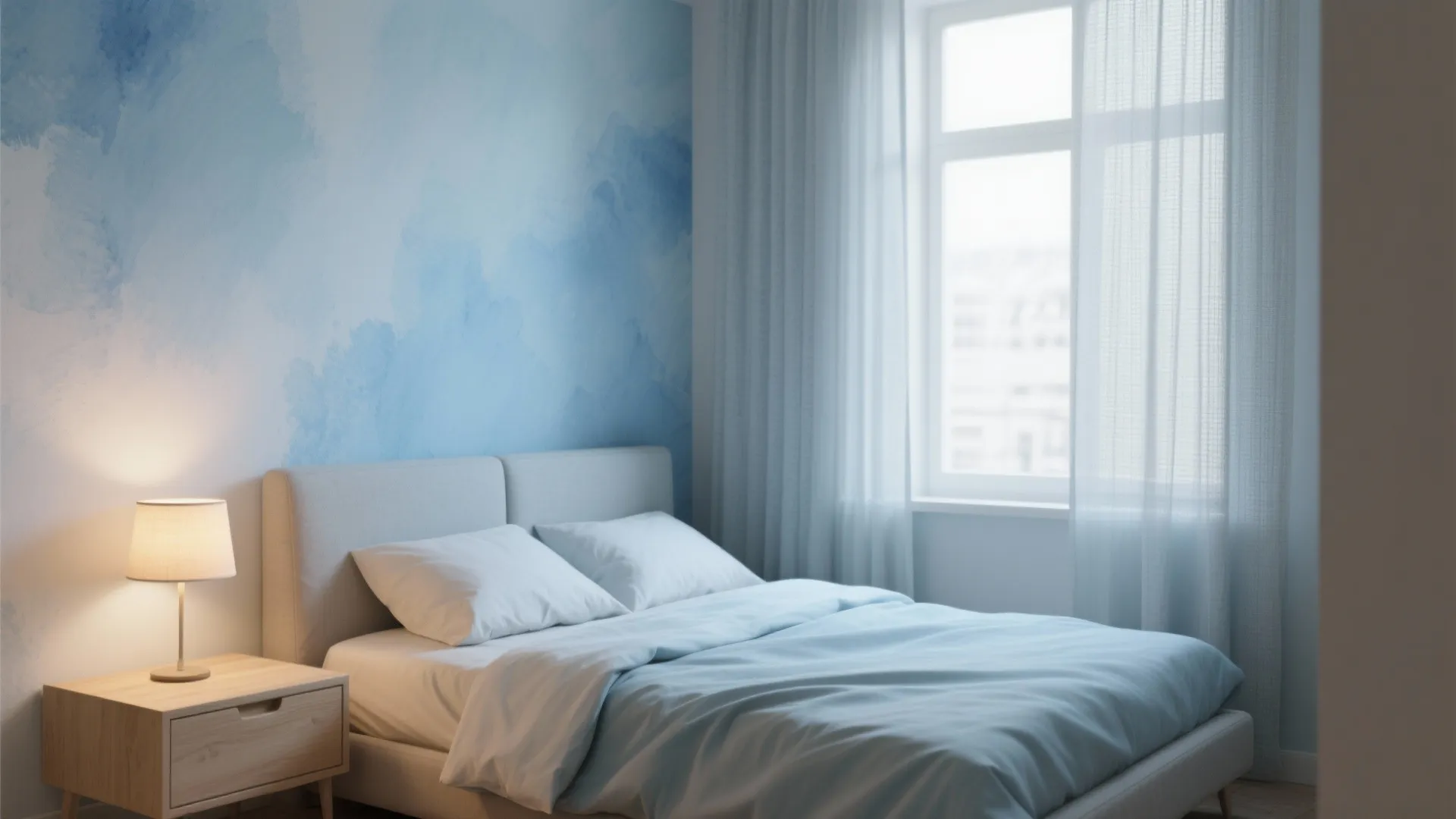 Modern bedroom with blue watercolor wall paint white bed wooden side table and soft lighting