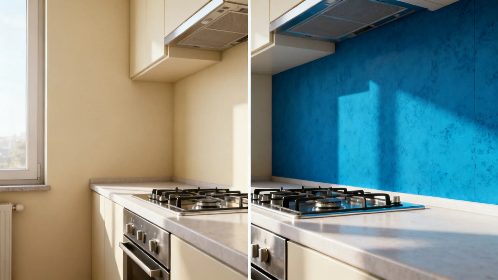 Before and after comparison showing cream walls versus a Turkish blue backsplash accent.
