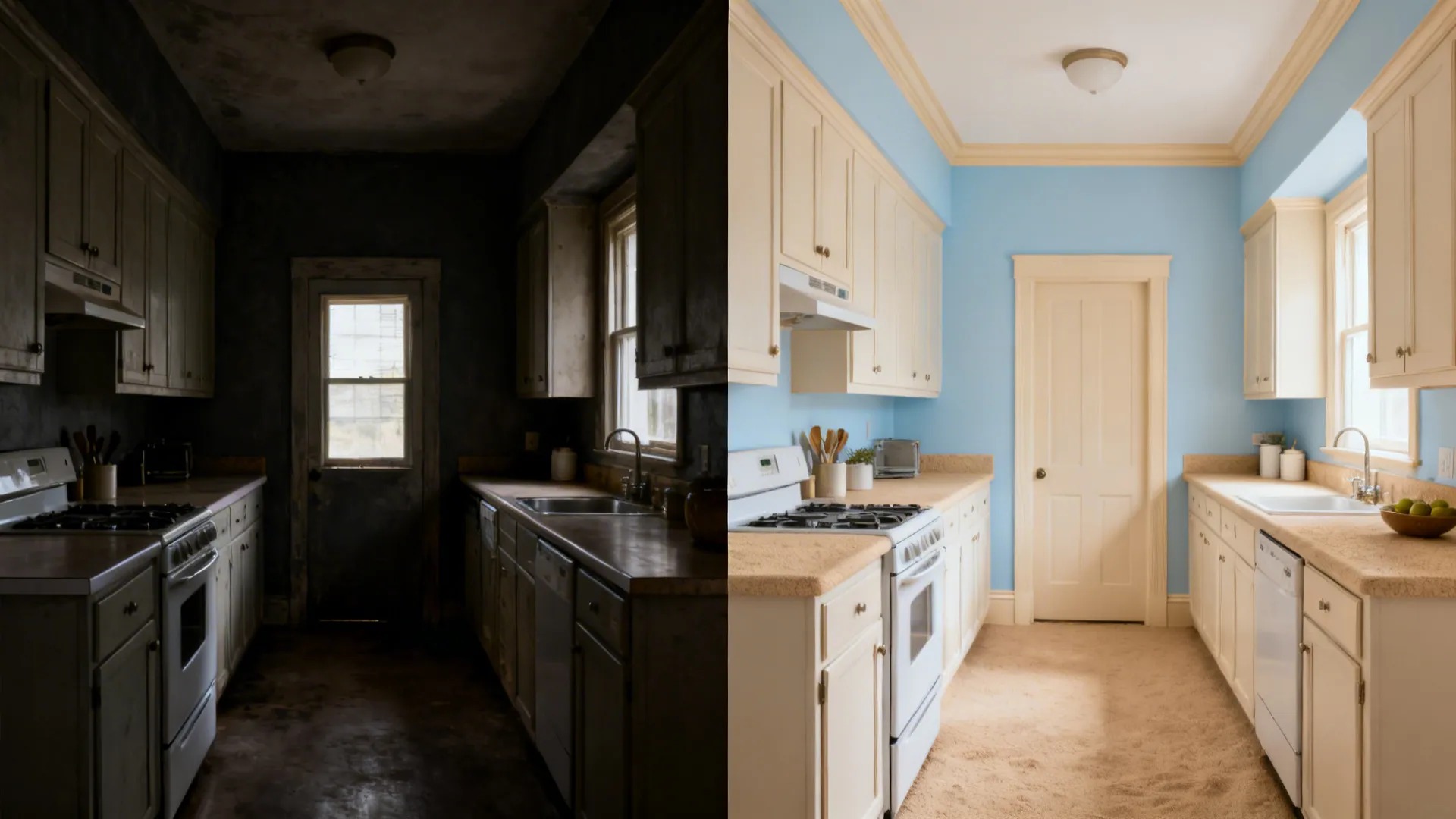 Before and after of a small kitchen transformed with light blue walls and sand neutrals.