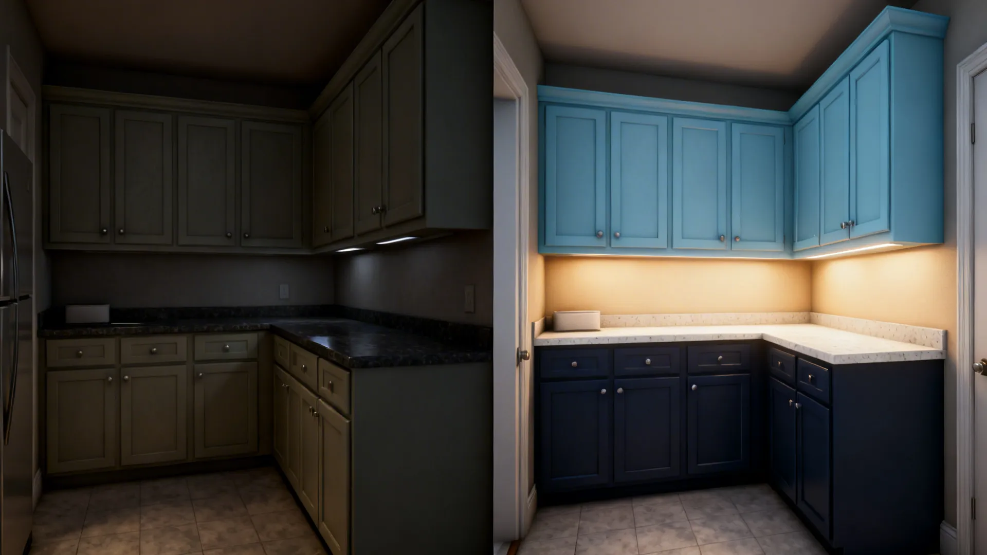 Before and after comparison of dark kitchen versus bright renovated kitchen with blue cabinet doors