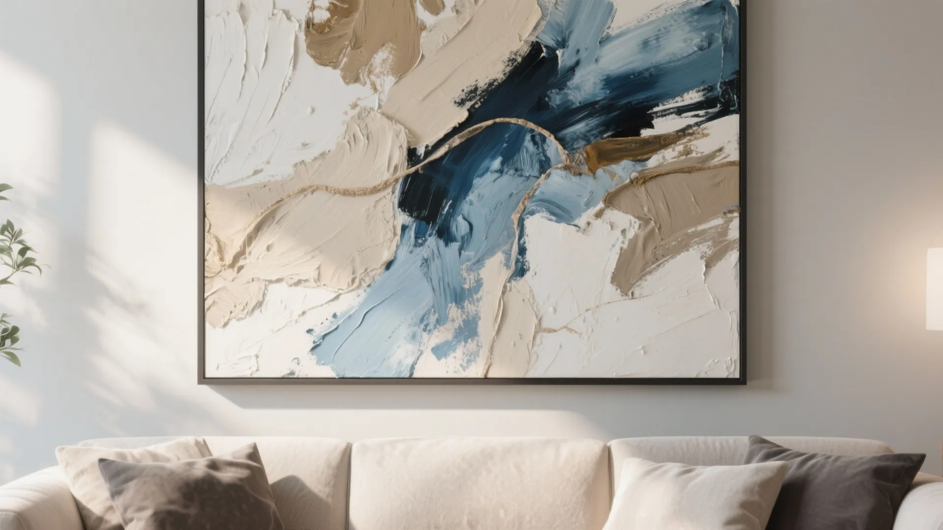 Modern abstract wall art with blue and beige paint strokes above a white fabric sofa