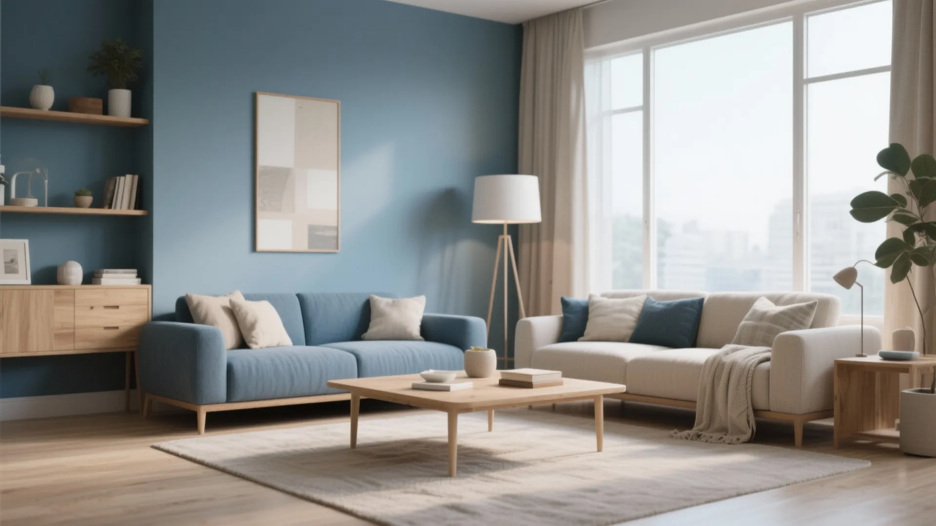 Modern living room featuring blue and beige sofas wooden coffee table floor lamp and natural light