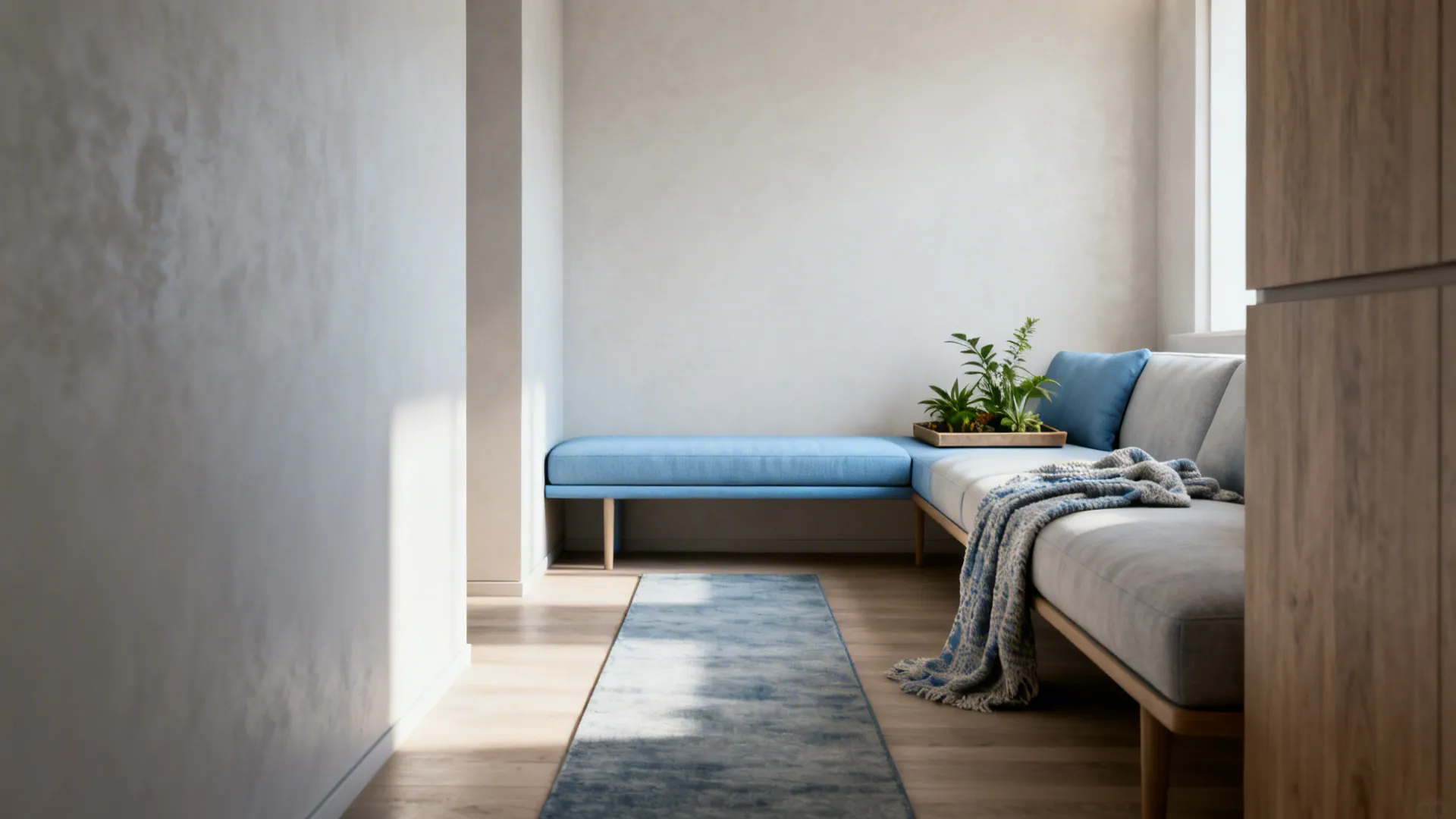 4. Bench-style light blue seating for multifunctional use