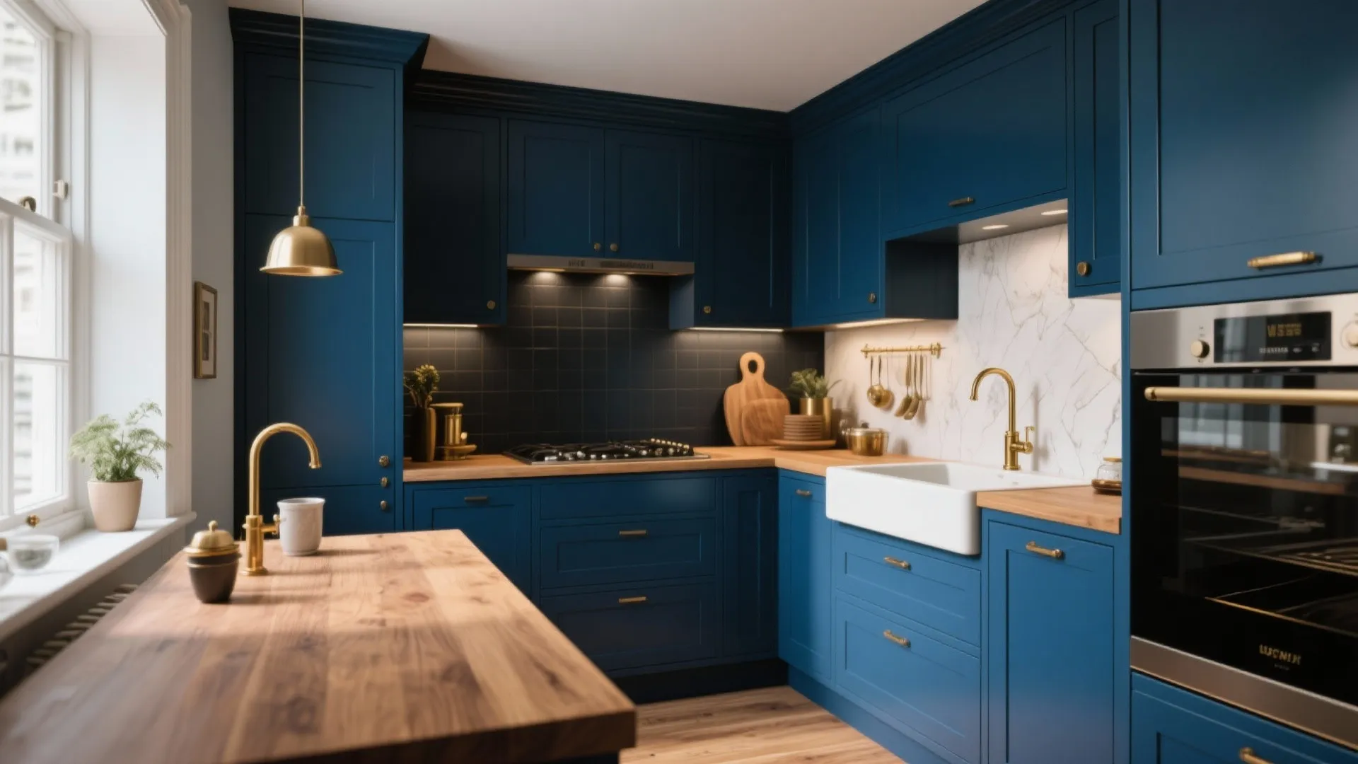 Navy blue kitchen cabinets with gold handles wooden countertop white sink and integrated oven interior design