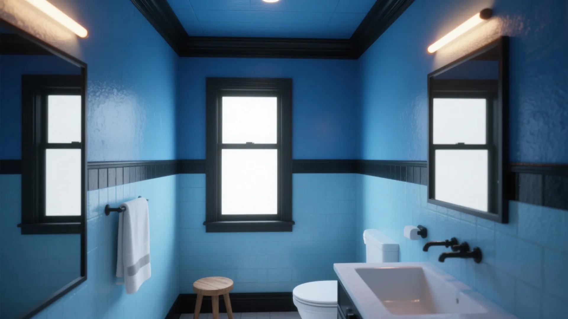 5. Monochrome Blue Walls with Black Trim and Moody Lighting