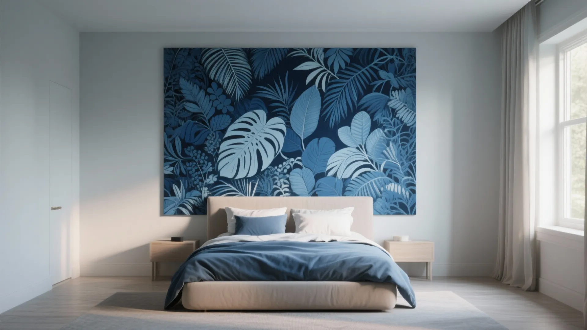 Modern bedroom featuring a large blue botanical leaf wall art piece above a beige bed