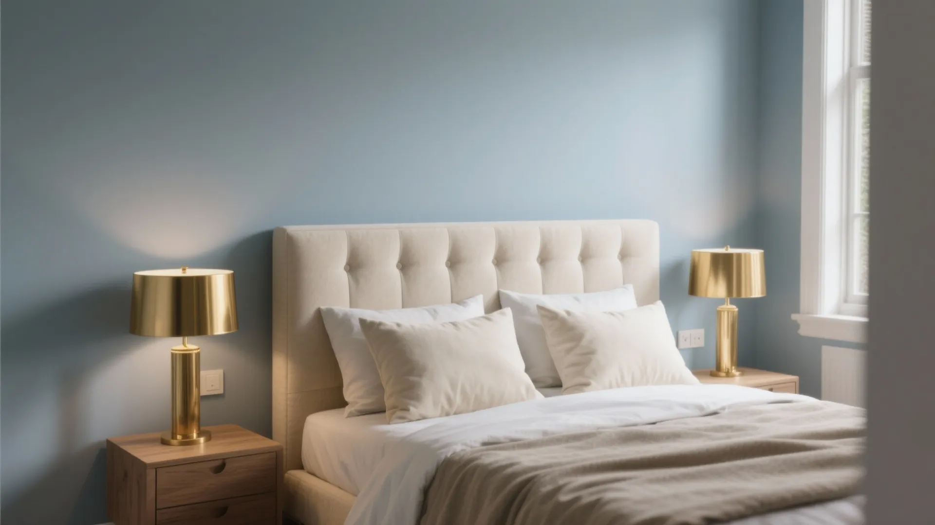 Elegant bedroom design featuring light blue walls beige headboard wooden nightstands and gold metal table lights