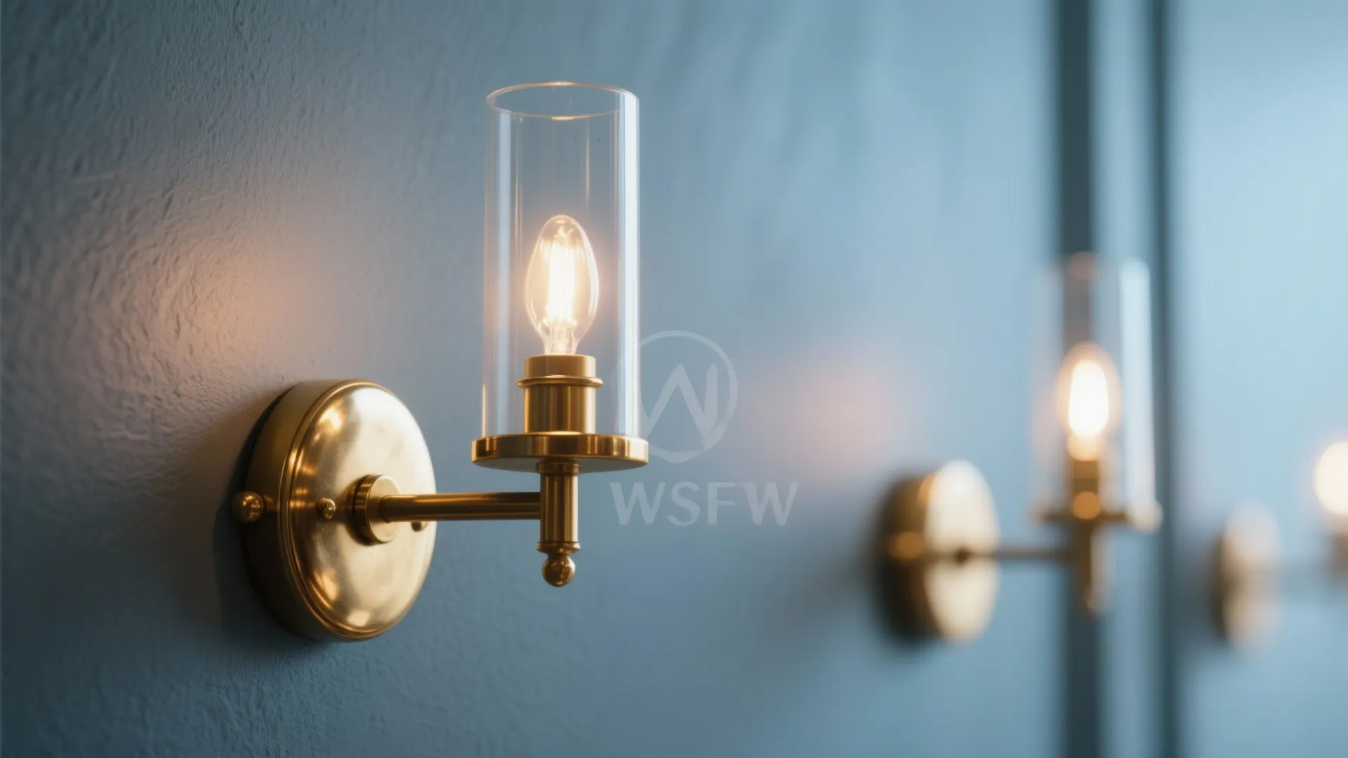 Modern gold wall light with glass cover fixed on a dark blue wall in row