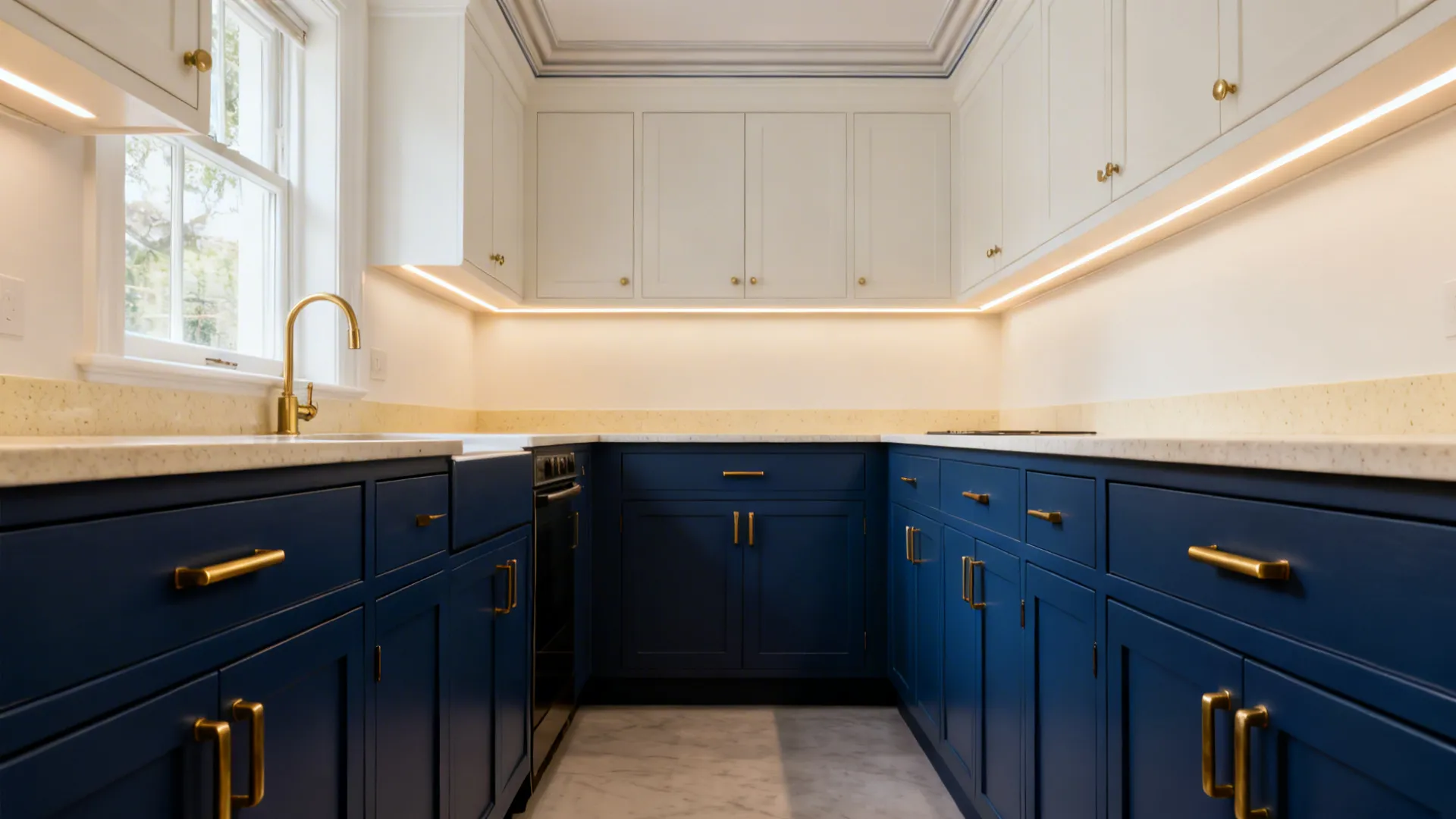 Dark Blue + Warm Brass: Small Kitchen Luxe