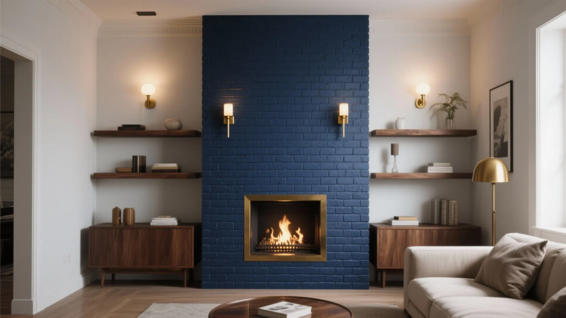 Symmetry living room layout featuring dark blue brick fireplace flanked by wooden cabinets and wall lights