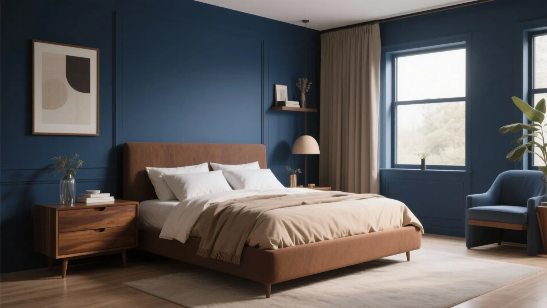 Modern bedroom featuring navy blue wall panels, brown bed, wooden cabinet, and large bright window