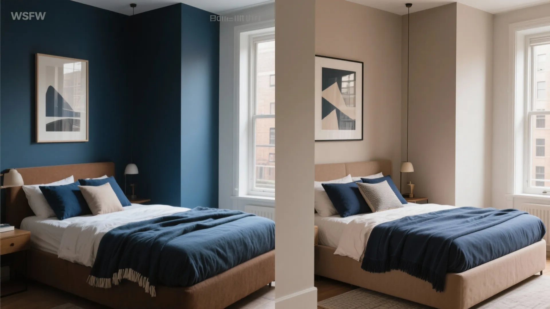 Side-by-side comparison of a dark blue bedroom wall versus a light beige bedroom wall layout