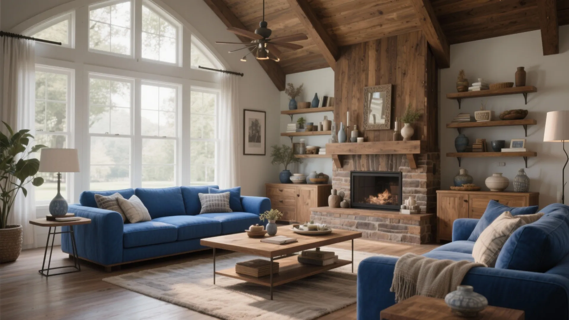 Rustic living room with stone fireplace blue sofas wooden wall panel and high ceiling beams