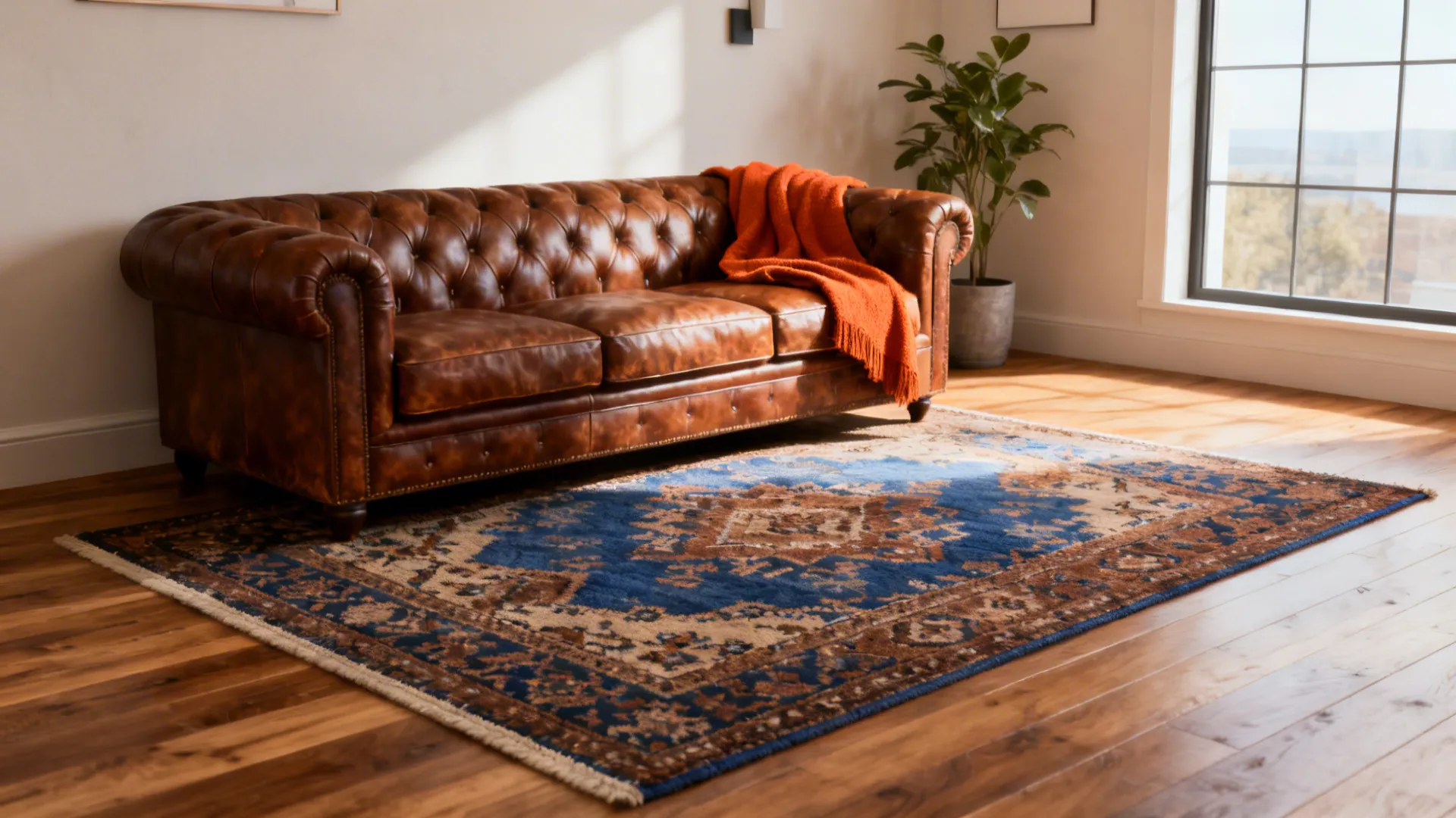 Traditional living room with brown leather sofa orange blanket blue pattern rug and indoor plant
