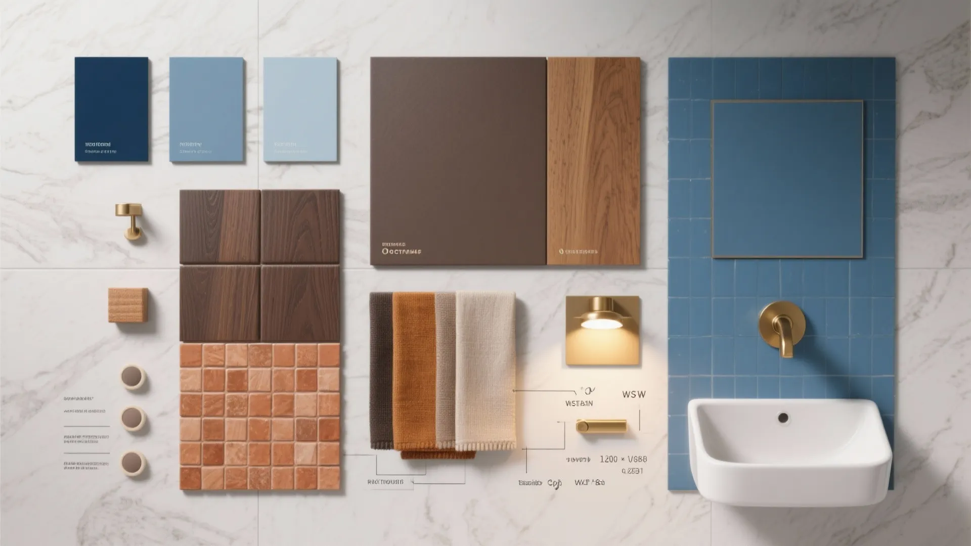 Top-down moodboard of blue paint swatches, brown tile samples, lighting and fabric pieces