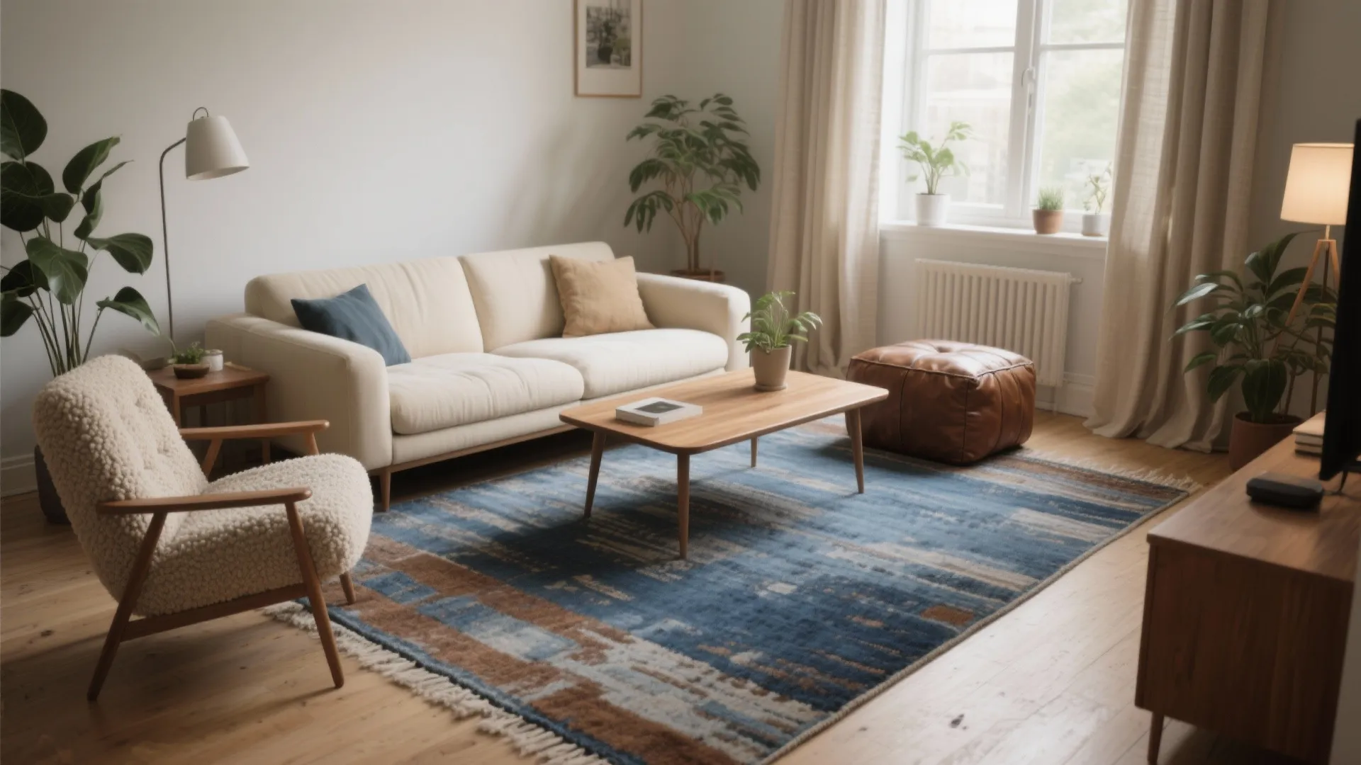 Bright living room with blue patterned rug, white sofa, wooden coffee table, and green plants