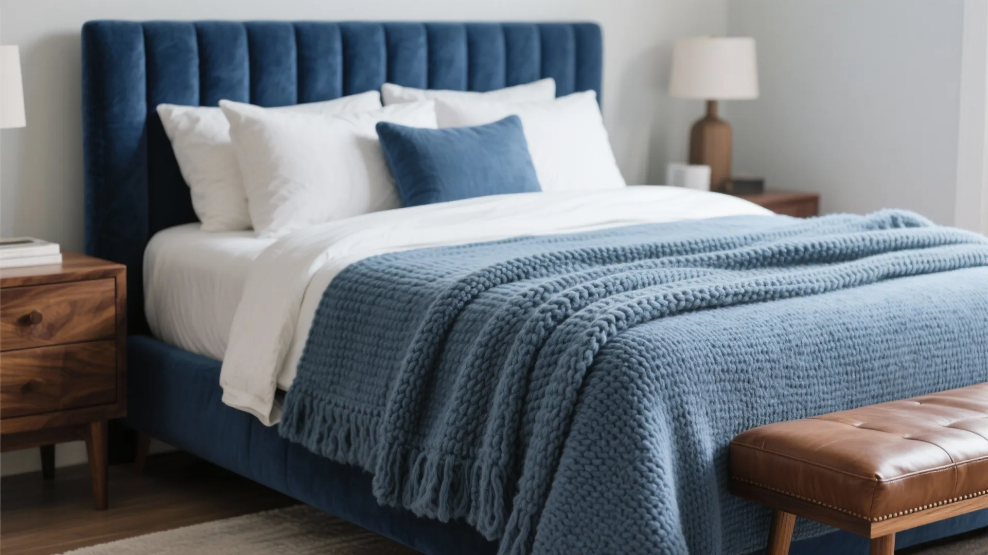 Blue velvet bed with knitted blue blanket and brown leather footrest in a minimalist bedroom setup