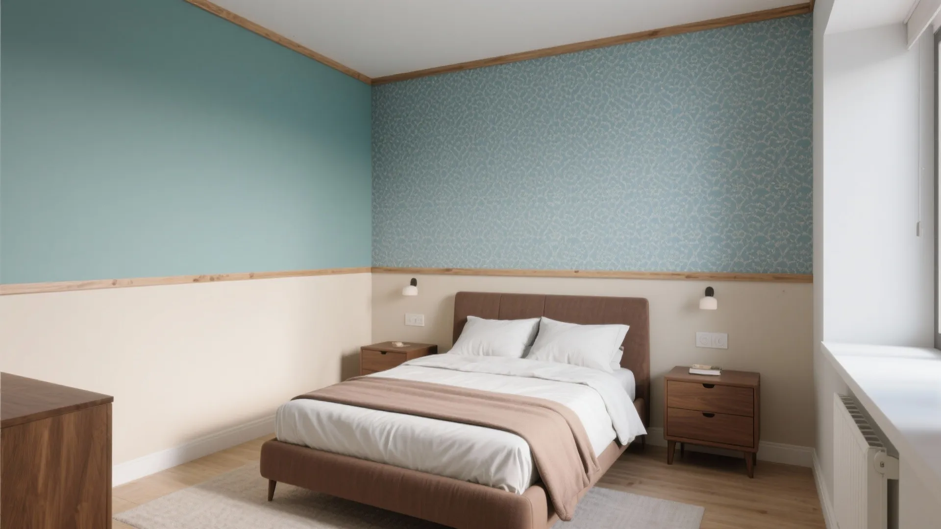 Modern bedroom with blue and beige walls plus brown bed and wooden bedside tables with lamps