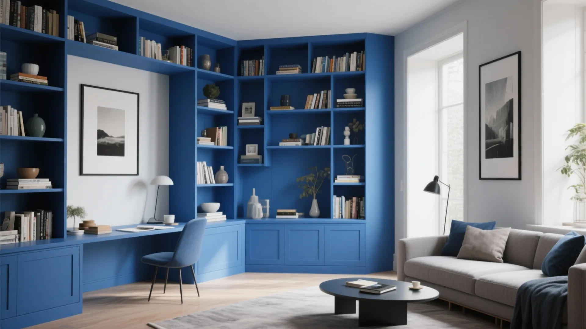 Modern blue wall cabinet system with integrated desk chair grey sofa and round coffee table