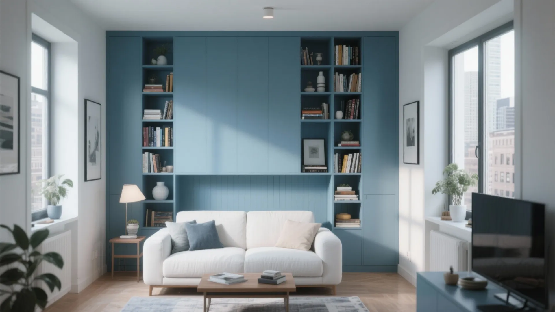 Small living room featuring blue wall cabinet behind white sofa with books and natural light