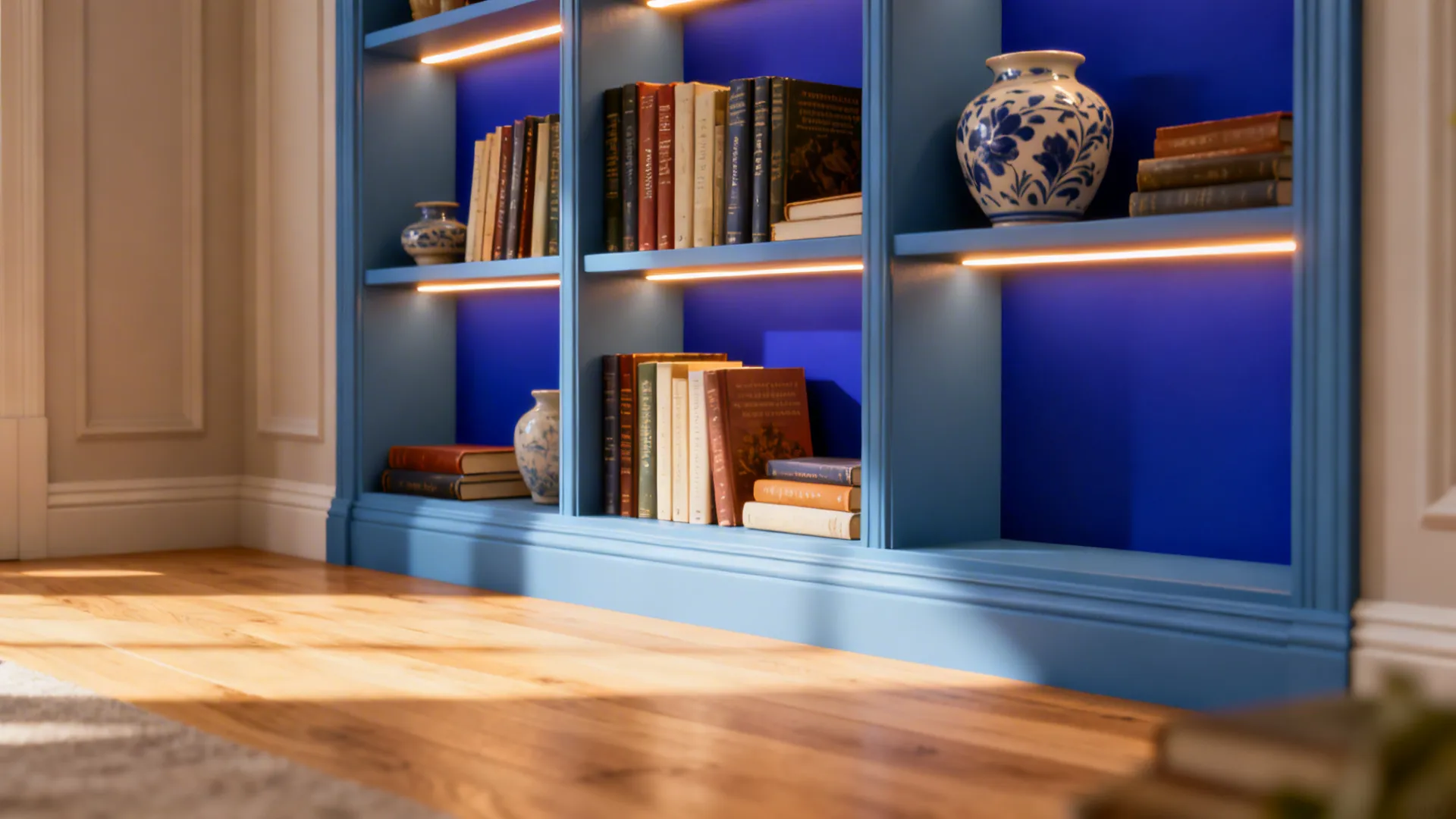 Blue built in cabinet with light strips showing books and blue and white ceramic vase