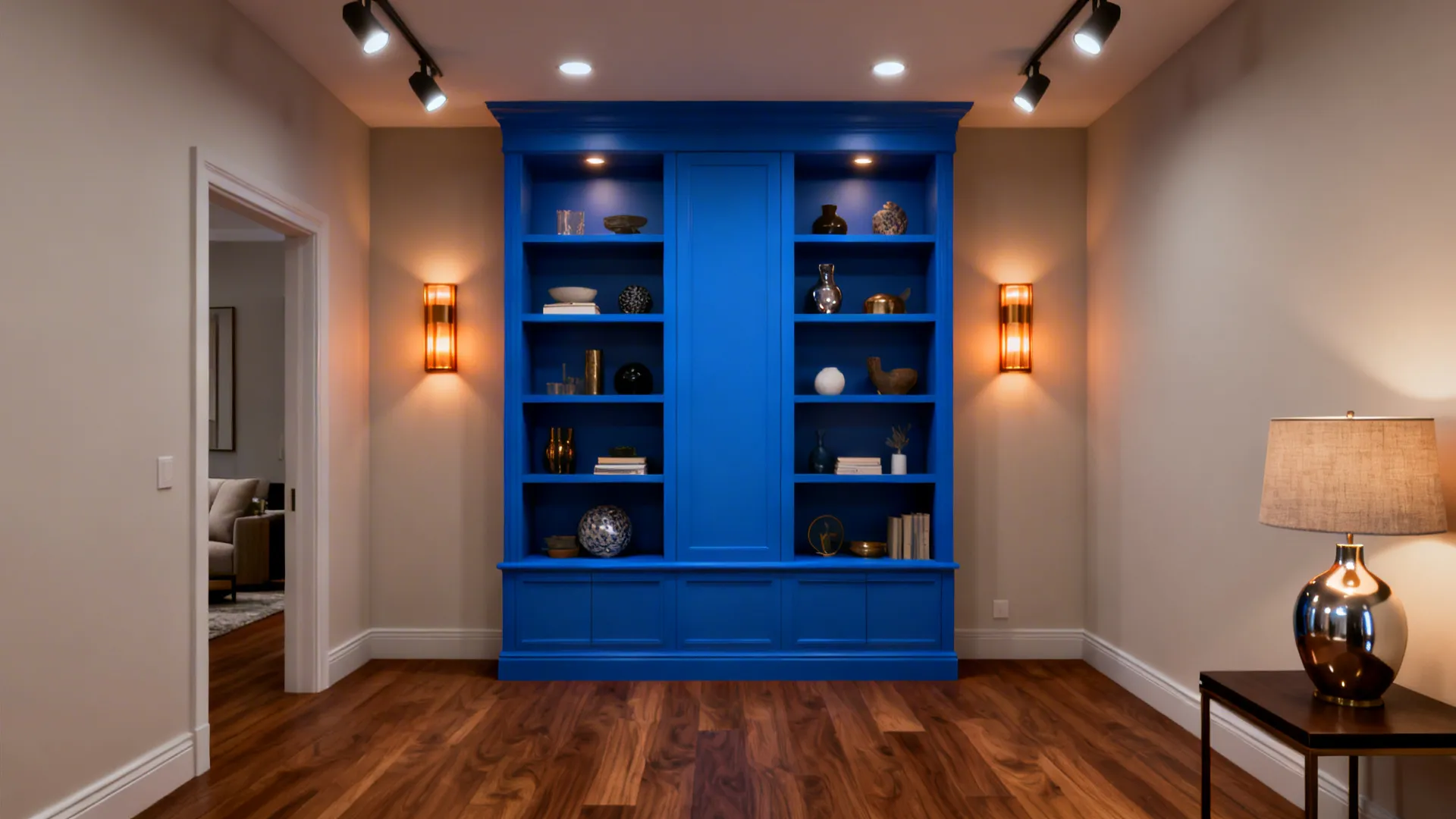 Blue wall cabinet in a room with wooden floors and two warm wall light fixtures