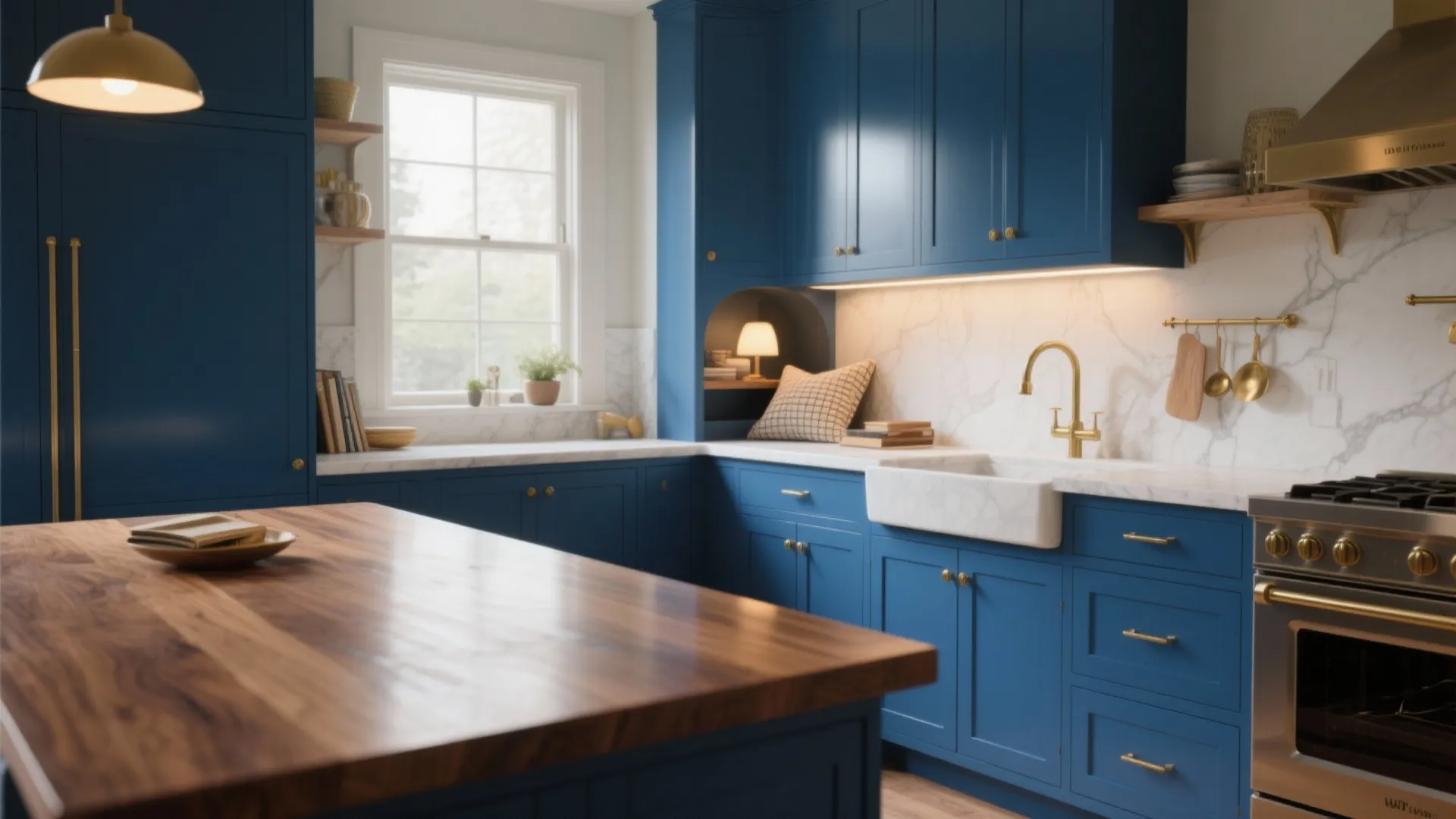 Modern blue kitchen with marble countertop wood island gold faucet ceiling light and a large window