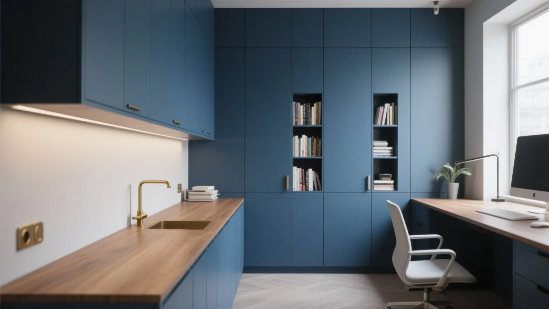 Modern blue home office with wooden desk, gold faucet, built-in bookshelves, white chair, and computer