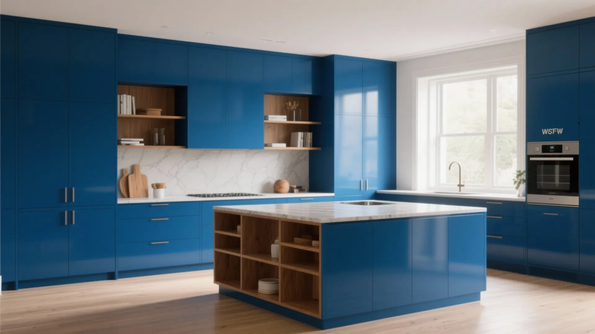 Modern kitchen with blue cabinets marble top island wood shelving and light from large window