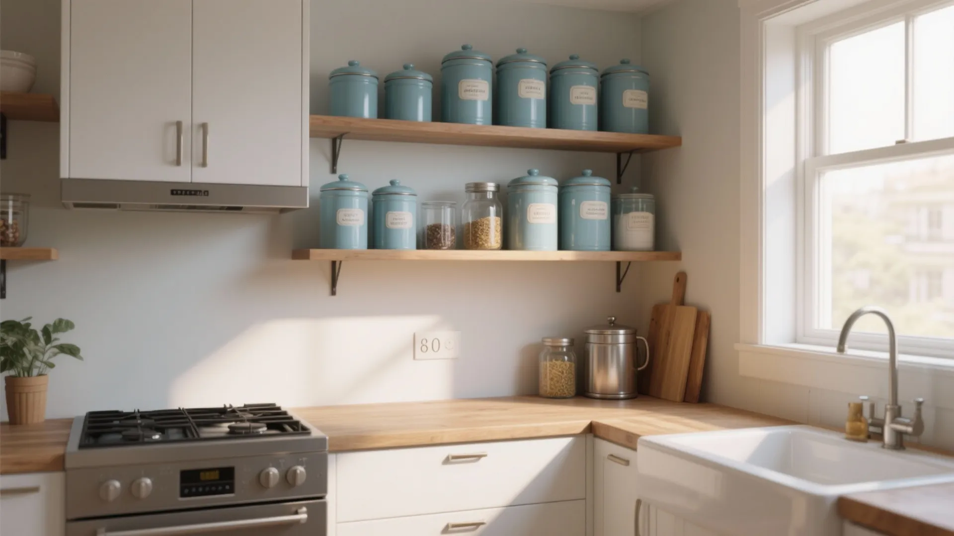 Bright kitchen featuring wooden shelves with blue storage canisters above a white sink and stove