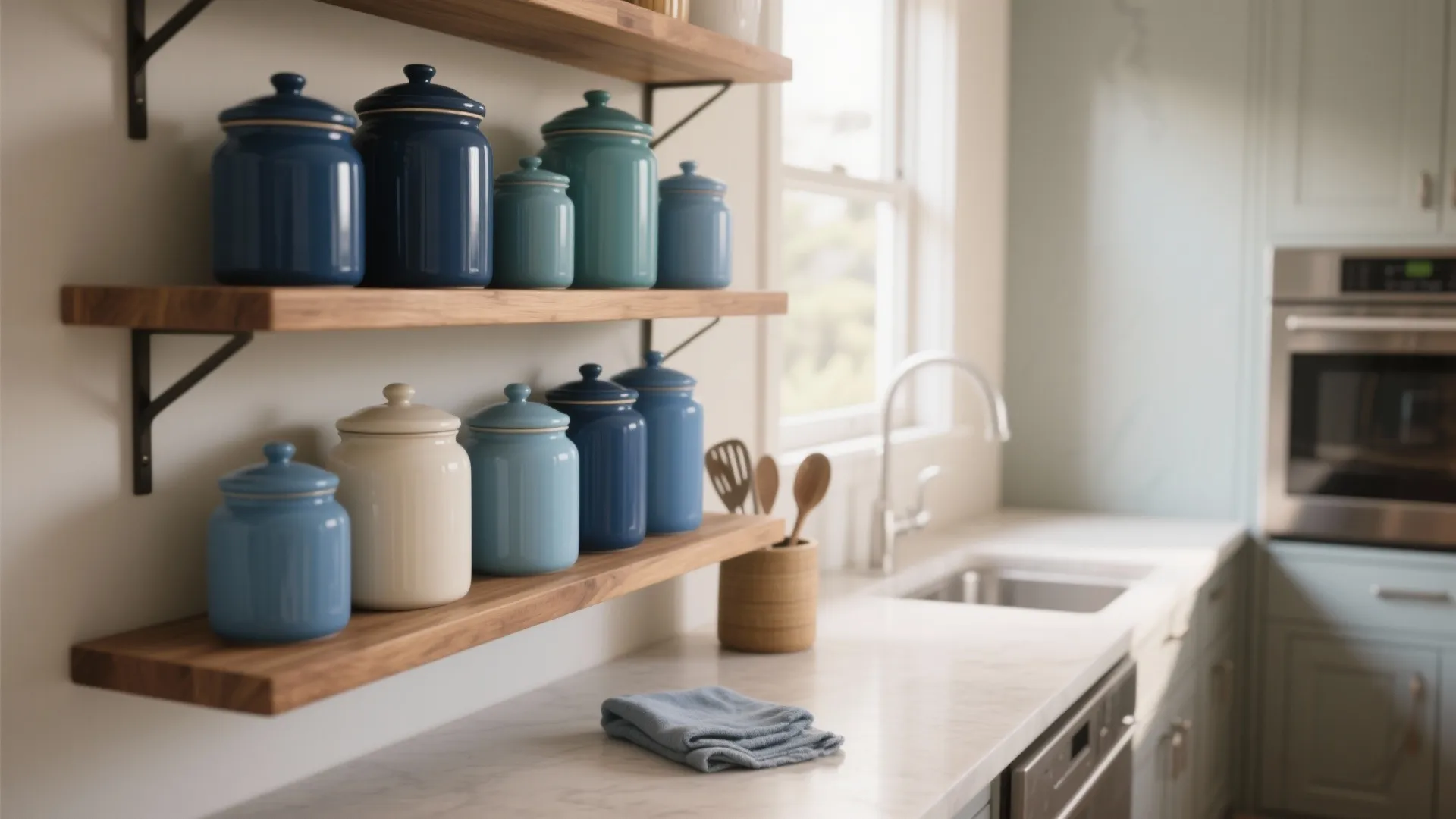 Blue and white storage jars on wooden wall shelves above a clean white kitchen counter