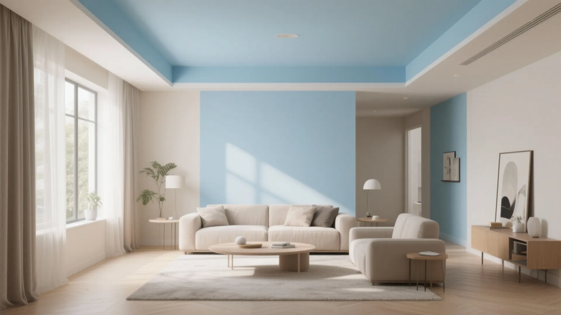 Minimalist living room with blue ceiling light blue accent wall beige sofa and wooden furniture