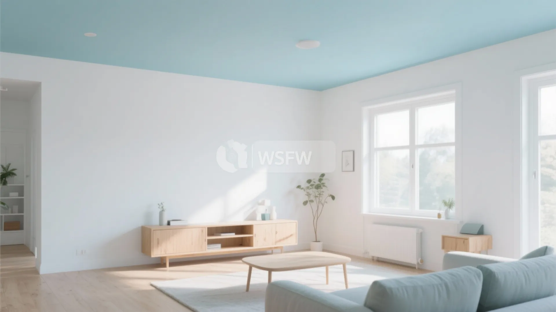 Bright living room featuring light blue ceiling white walls wooden cabinet and low coffee table
