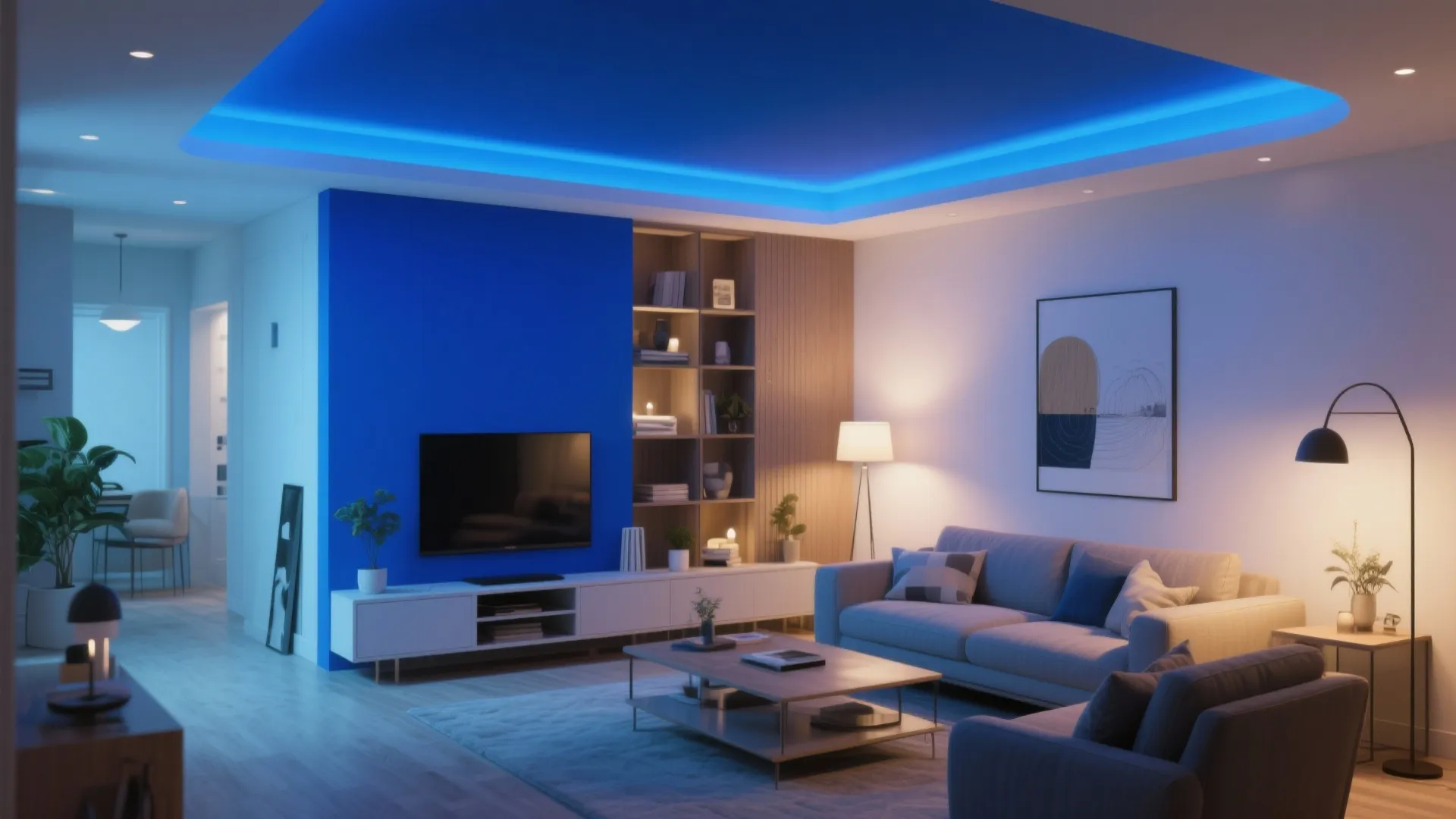 Modern living room with blue ceiling light strips and a blue wall near the television