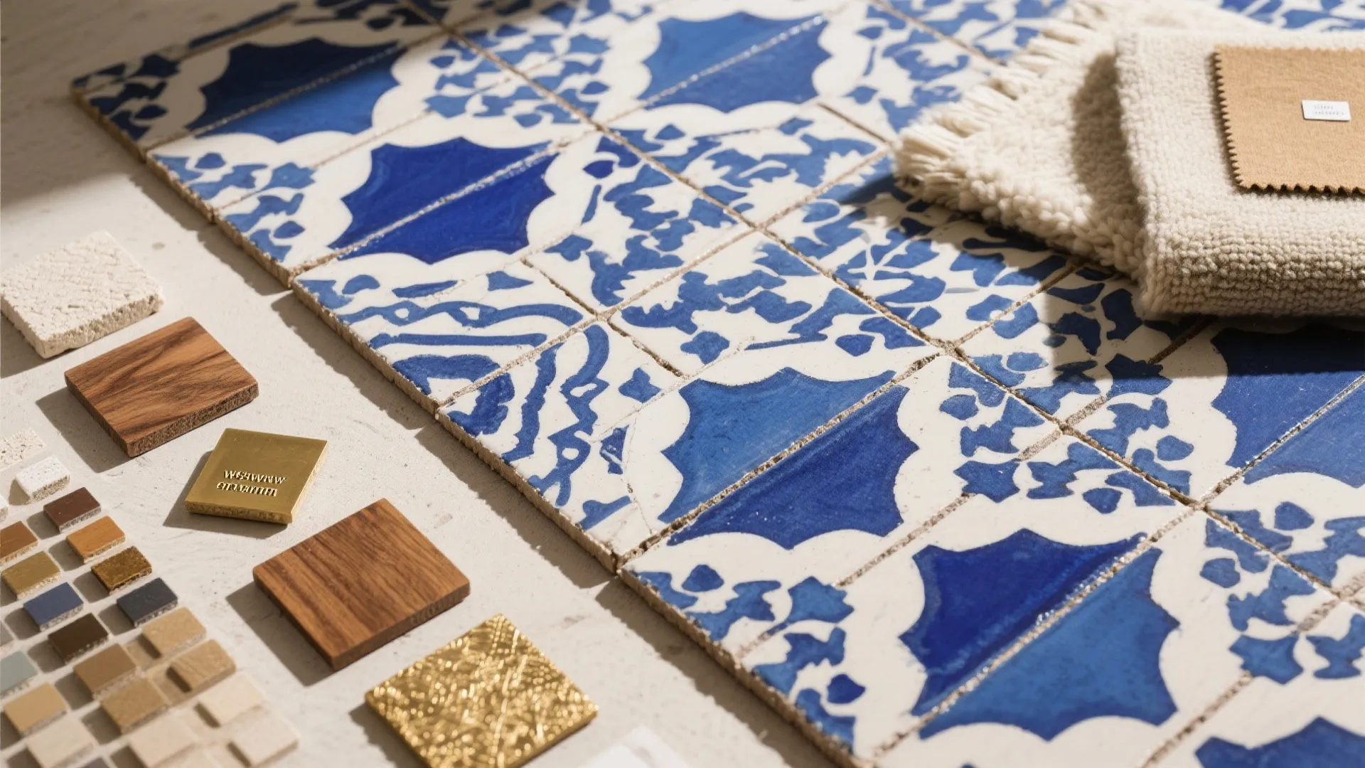 Interior design mood board featuring blue patterned floor tiles, wood samples, fabric swatches, and brass