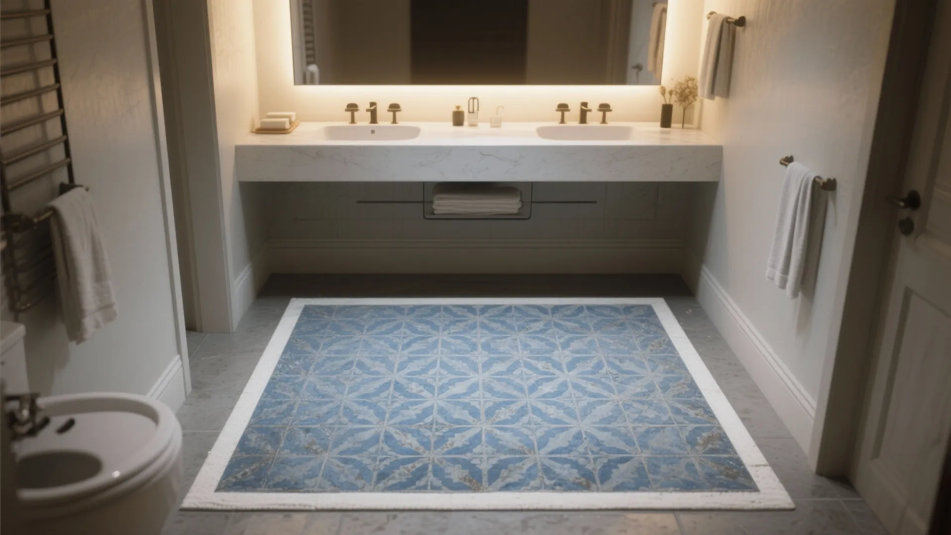 Patterned blue cement tile rug framed by white porcelain border, centered in a small bathroom with a warm, vintage-luxe mood.