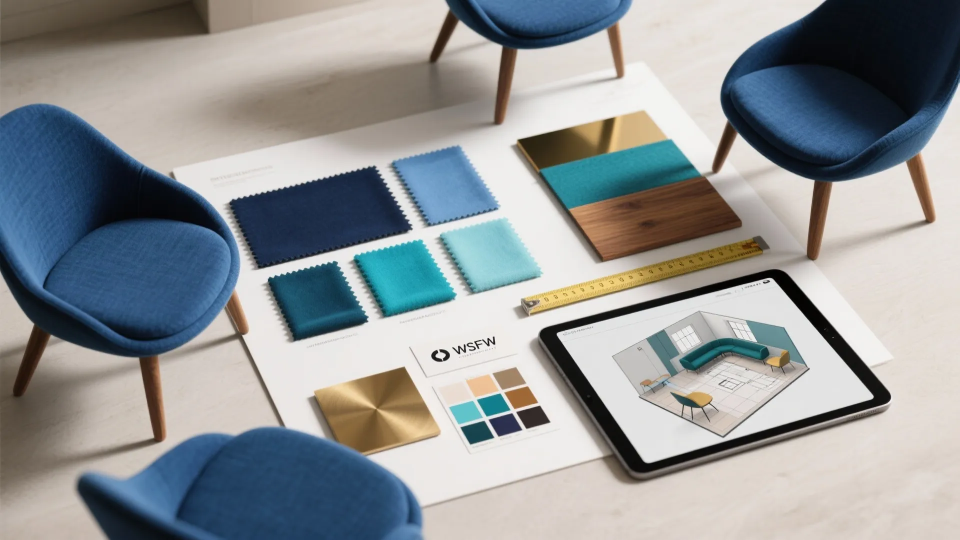 Top-down moodboard with blue fabric swatches, finishes and a 3D planner mockup