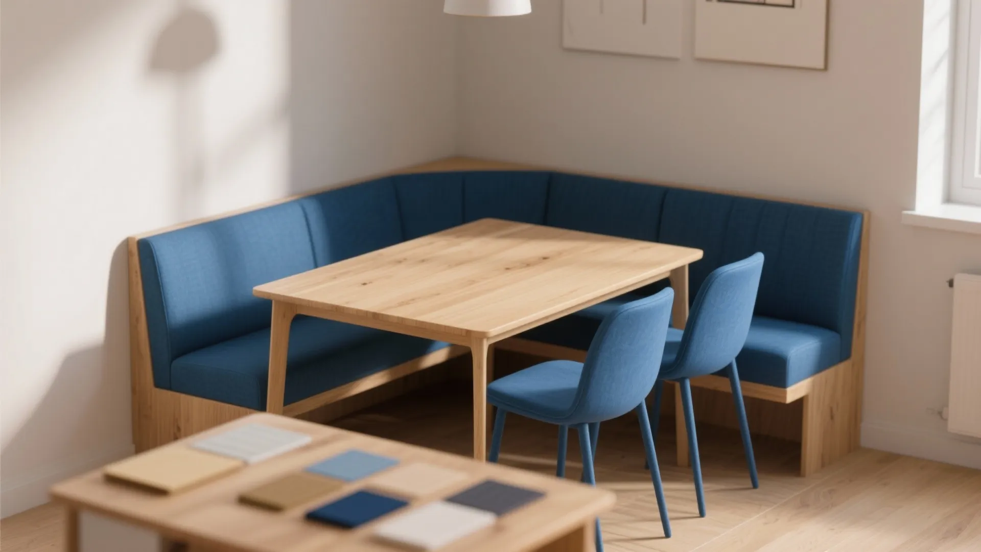 1. Pair royal blue chairs with a light wood table
