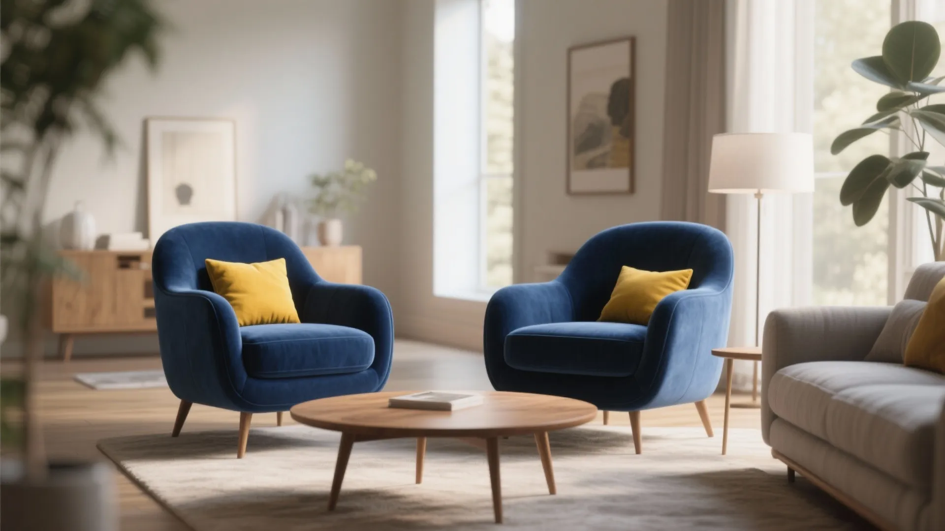10. Blue Accent Chairs with Yellow Cushions